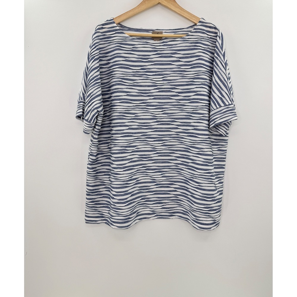 Chico's Blue White Striped Textured Wave Boat Neck Dolman Top Size 4